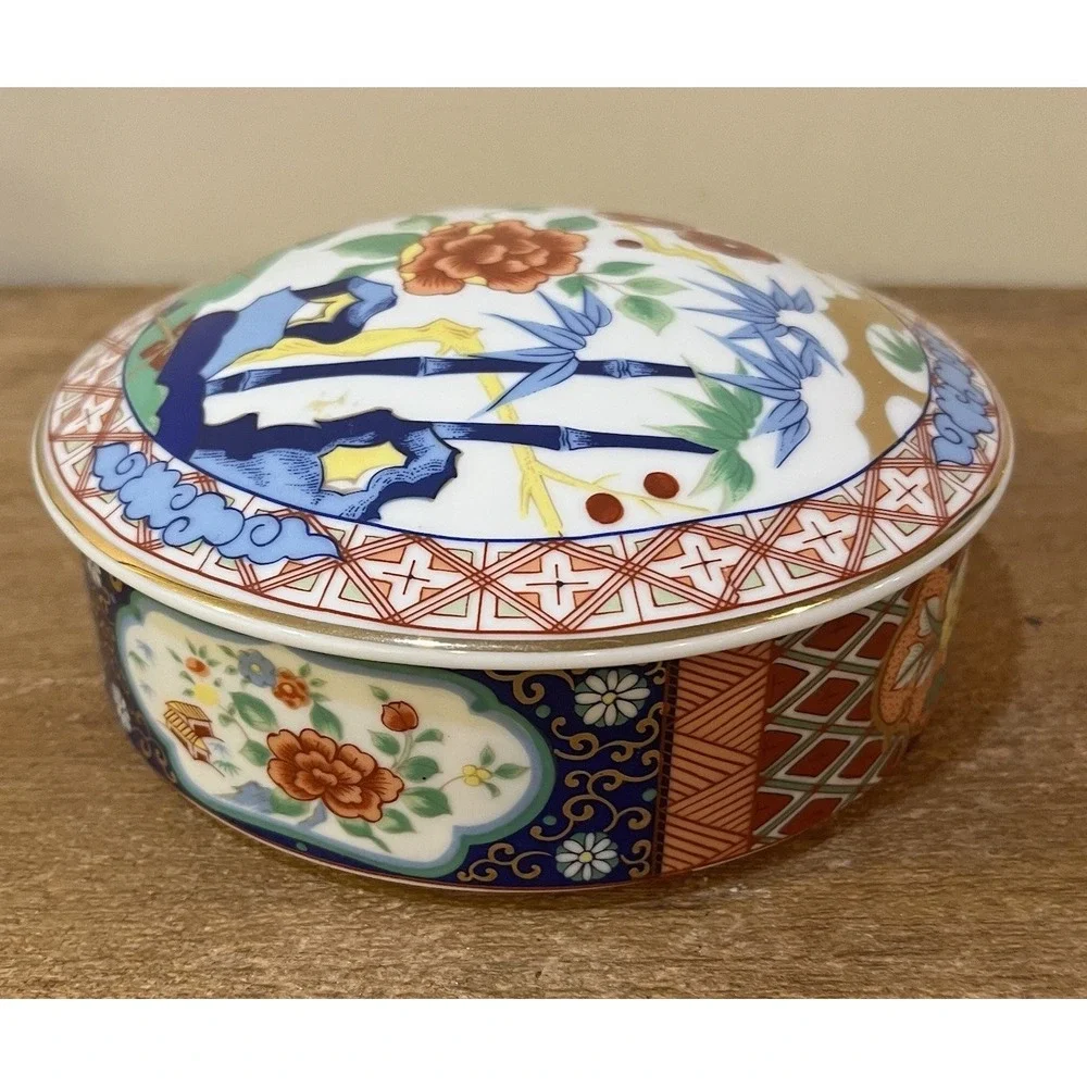 VTG‎ Imari Ware Japan Porcelain Trinket Box Floral Bamboo Lidded Dish Large 6
